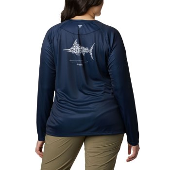 Columbia Sweater Dames, PFG Tidal Long Sleeve Printed Fish Plus Size Donkerblauw Wit, 79LONURBY